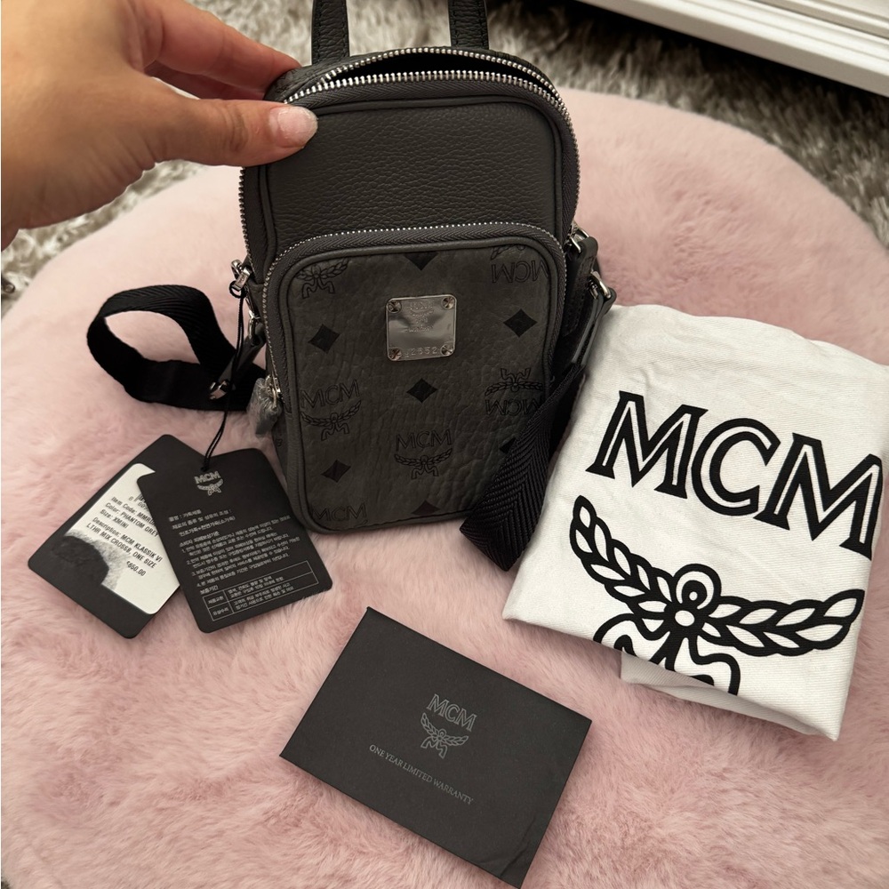 MCM Gray Belt Bag with Adjustable Strap and Logo Pattern